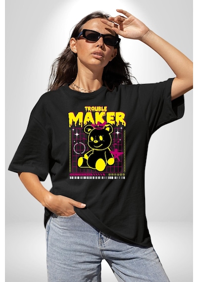 Baş Belası Teddy Pamuklu Bisiklet Yaka Unisex Oversize Boyfriend Dijital Baskılı Siyah T-shirt Siyah