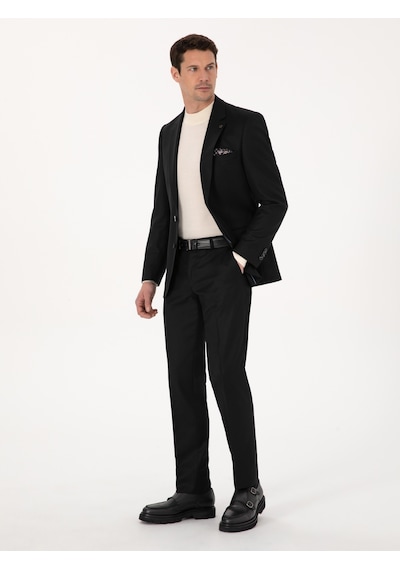 Cacharel Siyah Slim Fit Yün Karışımlı Mikro Desenli Klasik Pantolon