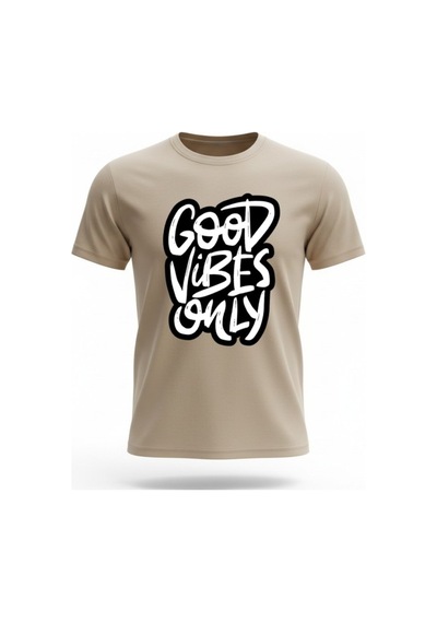 Urbantrendstore Unisex Good Vibes Only Oversize Fit Rahat Geniş Salaş T-shirt Günlük Tişört Bej