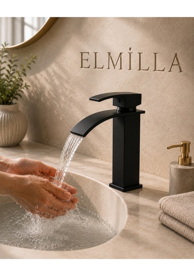 Lüx Premium Mat Siyah Şelale Lavabo Bataryası Çift Su Girişli Modern Tasarım Batarya