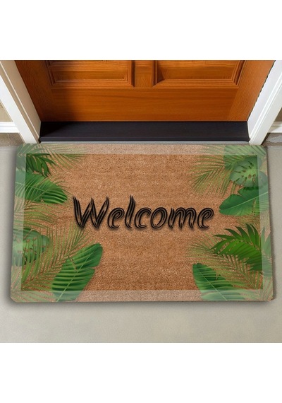 Valerine Life Beyaz Çerçeveli Palmiye Yaprakları Welcome Kapı Önü Paspası 45 x 70 CM