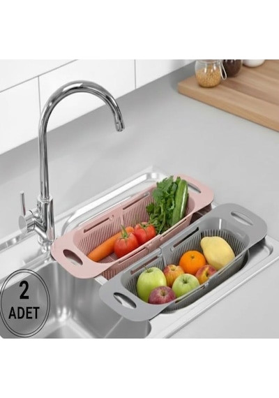 Sürgülü Ayarlanabilir Pratik Lavabo Süzgeci,ayarlı Evye,meyve Sebze Salata Yıkama Pembe-gri 2 Adet P Diğer