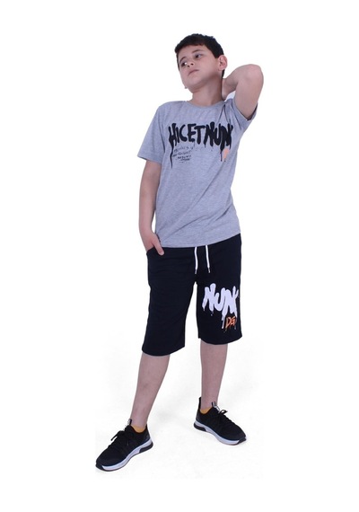 Fyk Kids Dg-nuk Yazı Baskılı Erkek Çocuk Yazlık Takım Melanj Gri