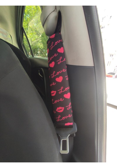 Premium Dijital Baskılı Love Desenli Emniyet Kemeri Kılıfı, Yumuşak Voleur Kumaş, 2 Adet, Siyah-kırmızı Kalp Desenli
