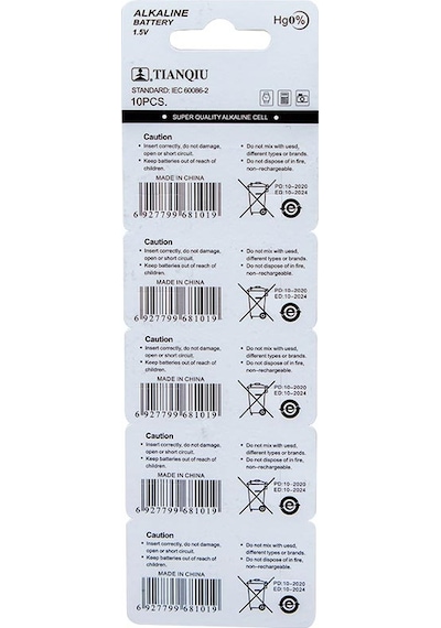 Tianqiu Ag3 Lr41 Alkalin Saat Pili 10 Lu 1.55 Volt Düğme Pil 392