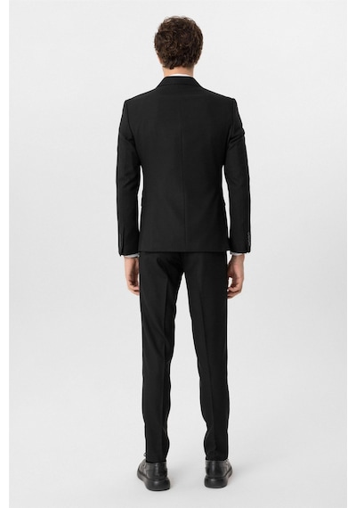 Süvari Siyah Slim Fit Armürlü Sivri Yaka 6 Drop Klasik Takım Elbise-35522 Siyah
