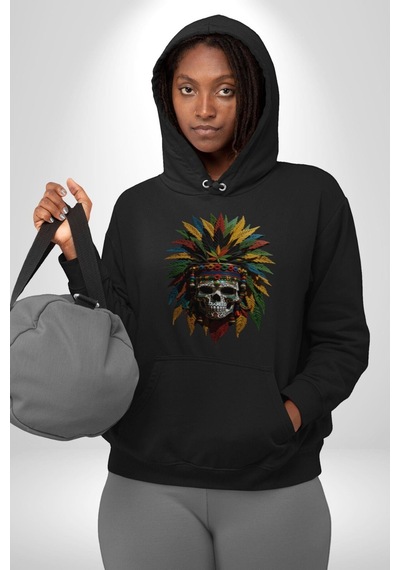 Kurukafa İskelet Kızılderili Tüy Kartal Şefi Kadın Erkek Siyah Kapüşonlu Sweatshirt Hoodie Siyah