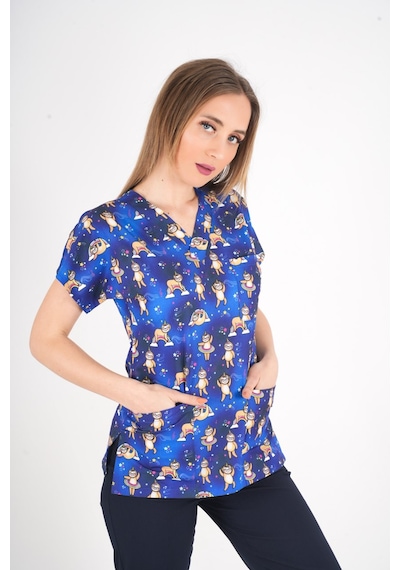 Unisex Stars Club Desenli Doktor Hemşire Hastane Aşçı Mutfak Scrubs Tek Üst Üniforma Saks Mavi