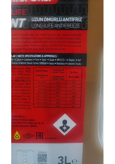 Petrol Ofisi Antifriz Extendet Life Coolant 3Lt Ü.T 2025