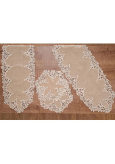 Nadide Lüx Güpürlü Simli Keten Kumaş Bej Salon Takımı 5 Parça 40x160 Cm 1365 Bej