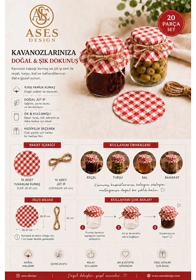 Kırmızı Pötikare Kavanoz Kapağı Süsleme Seti 20 Parça 10 Kumaş 10 Jüt İp