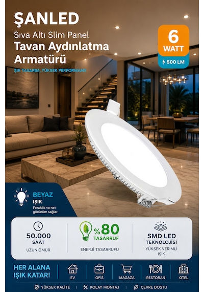 6w Tasarruflu Led Yuvarlak Beyaz Işık Sıva Altı Slim Panel Tavan Aydınlatma Armatürü