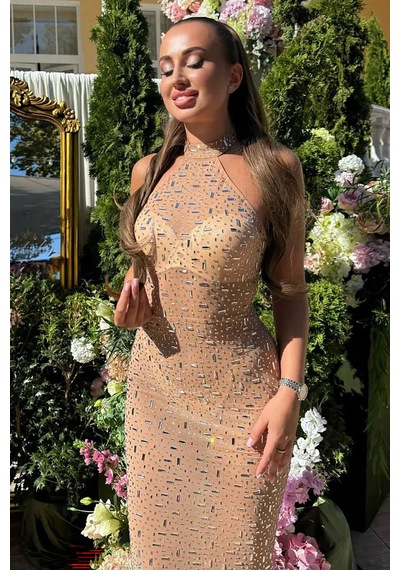 Bella Luxury Taşlı Şeffaf Elbise - Bej