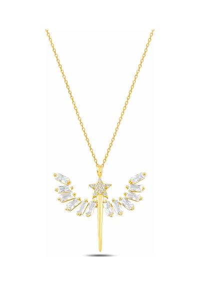 Çekirdekjewelry Gold Kaplama Yıldız Ve Melek Kanadı Taşlı Gümüş Kolye Sarı