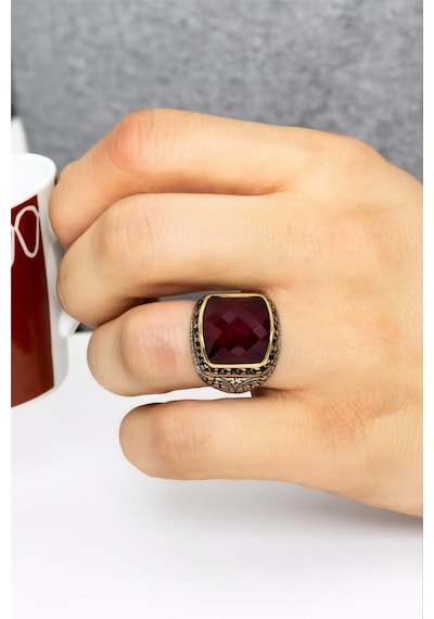 925 Ayar Gümüş Fasetli Ruby Taşlı Erkek Yüzük-8505 Gümüş