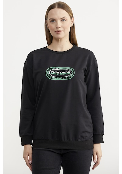 Baskılı Oversize Basic Sweatshirt - Siyah Ekru