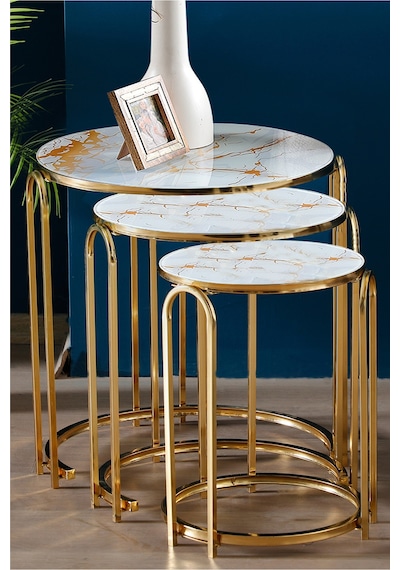 Lenka Zigon Sehpa Sarı Mermer Yuvarlak 3'lü Gold Metal Sedaş-lenka-zigon-gold Beyaz - Sarı