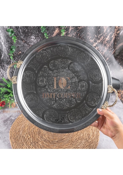 430 Kalite Krom Çelik Kulplu 6 Adet Tepsi 35 Cm Fırına Uygun, Osmanlı Motifli, Kebap & Restoran Sunum Tepsisi Gri
