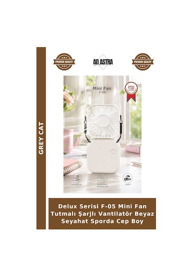 Delux Serisi F-05 Mini Fan Tutmalı Şarjlı Vantilatör Beyaz Seyahat Sporda Cep Boy