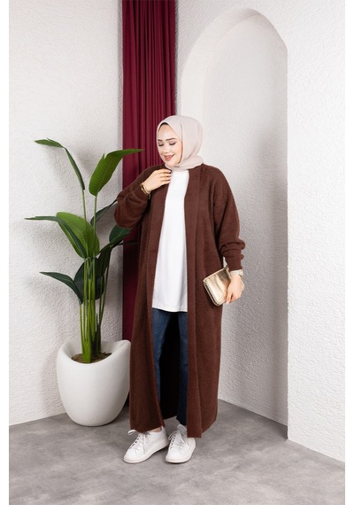 Hira Life Fashion Kadın Şal Yaka Uzun Triko Ve Sakallı Tüylü Hırka Kahverengi Kahverengi