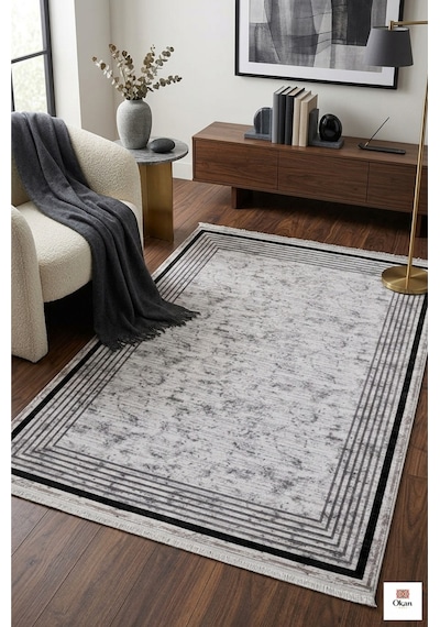 Luxury Living Collection: Vizon Pudra Mermer Dokulu Madalyon Salon Halısı Gri