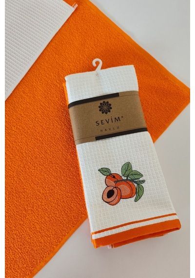 2 Li Mutfak Havlusu %100 Pamuk - Kayısı Nakışlı - 40x60 Cm Turuncu Turuncu