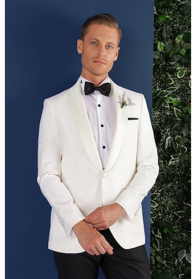 Efor Black 034 Slim Fit Saten Yaka Çift Yırtmaçlı Damatlık Ekru Smokin Ceket Ekru