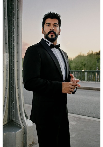 AC&Co / Altınyıldız Classics Slim Fit Dar Kesim Şal Yaka Armürlü Siyah Smokin Takım 001