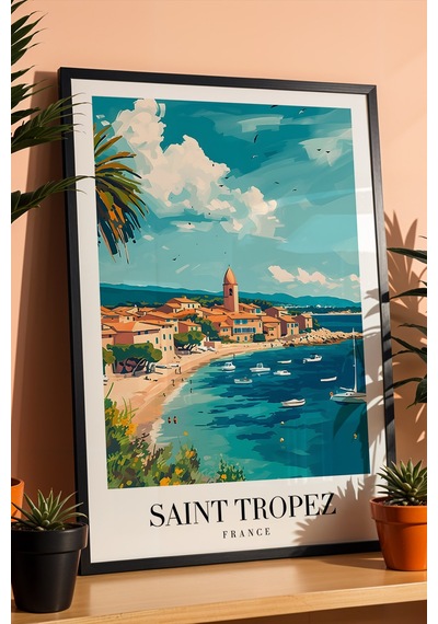 Saint Tropez France Vintage Seyahat Posteri Çerçeveli Tablo - Premium Akdeniz Sahil Duvar Dekoru Siyah