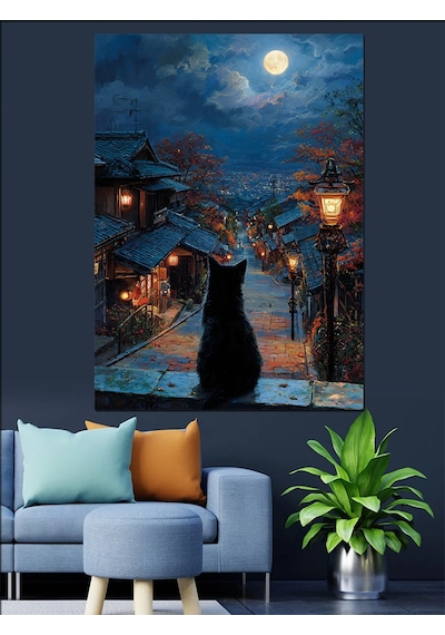 Ahşap Tablo Sokakta Duran Kedi Silüeti