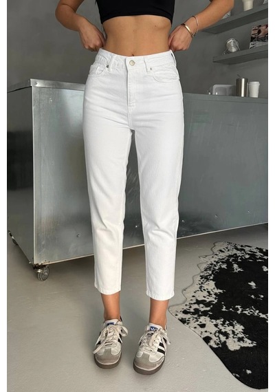 Premium Beyaz Renk Mom Jeans Beyaz