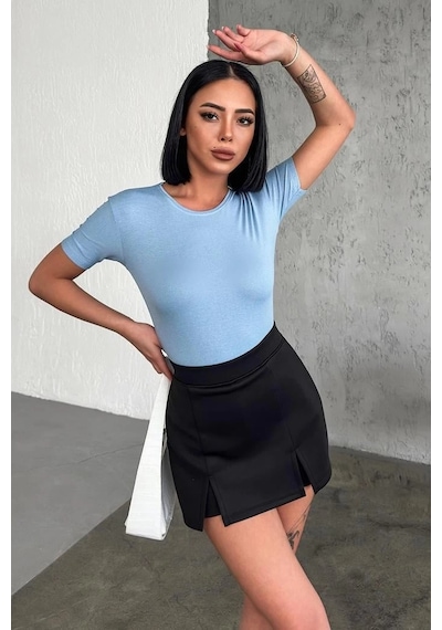 Rahat Şık Kısa Kollu Bisiklet Yaka Likralı Viskon Penye Body Bebe Mavisi