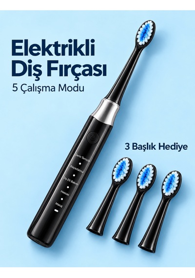 Değiştirilebilir Başlıklı Siyah Elektrikli Diş Fırçası 5 Mod Ve 3