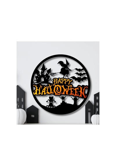 Alvera Decor Happy Halloween Yuvarlak Duvar Panosu Cadı Şato Yarasa Silüetli Kapı Süsü Duvar Dekoru