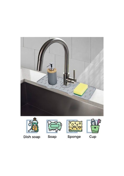 Silikon Musluk Matı Su Geçirmez Lavabo Kenar Damlatmaz Altlık Düzenleyici Mat Gri