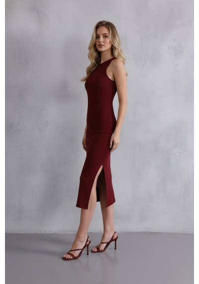 Defymoda Kadın Bordo Halter Yaka Yırtmaçlı Pamuklu Fitilli Likralı Kaşkorse Slim Fit Midi Elbise Bordo