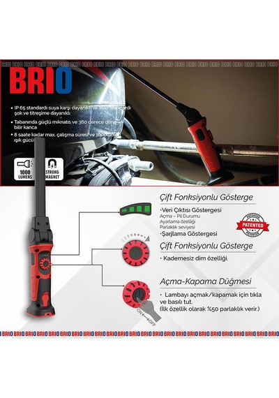 Brio Usb Şarjlı Led Fener Lamba Güçlü Işık Tamirci Feneri 1000 Lümen