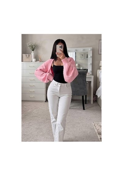 Flex Fashıon Kadın Sokak Modası Akrilik Crop Triko Hırka Pembe - 928384069 Pembe - 928384069 Pembe