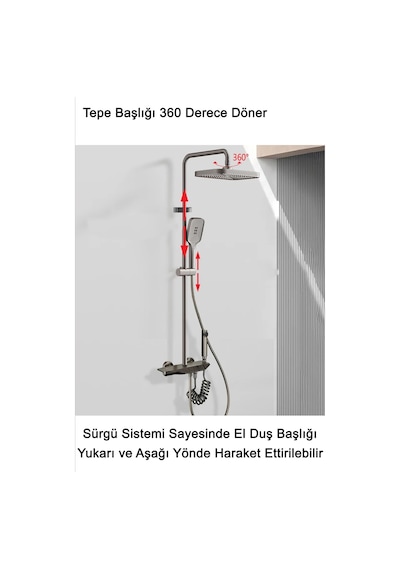 Aquashower Gri Piyano Banyo Batarya Robot Tepe Yağmurlama Duş Seti Yeni Nesil Duş Takımı Garantili Gri