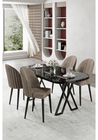 Canisa Kaye Serisi Mdf 90 X168 Siyah Mermer Desen Mutfak Masa Takımı 4 Cappucino Sandalye Siyah Mermer Desen Masa Cappucino Sandalye