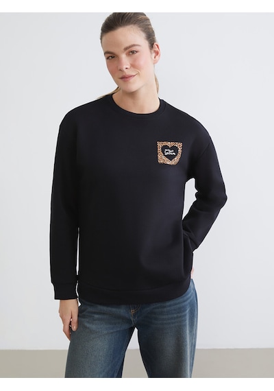 Lcw Comfort Siyah Baskılı Oversize Kadın Kalın Sweatshirt