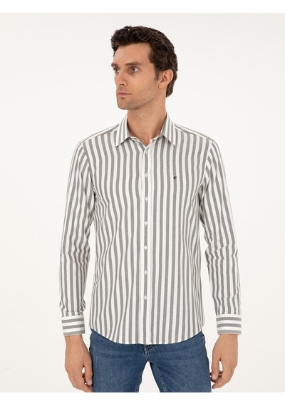 Cacharel Gri Slim Fit Çizgili Pamuk Gömlek