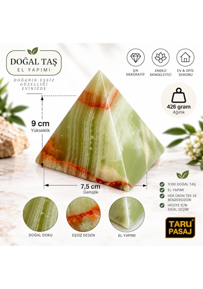 Yeşil Oniks Doğal Taş Piramit 3 İnç 9x7,5 Cm El Yapımı Özgün Dekoratif Feng Shui Objesi