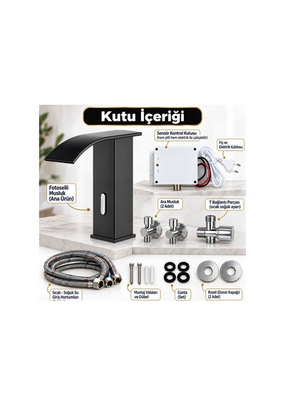 Rena Design Fotoselli Sensörlü Siyah Kare Lavabo Bataryasi Temassiz Otomatik Tasarruflu Modern Musluk