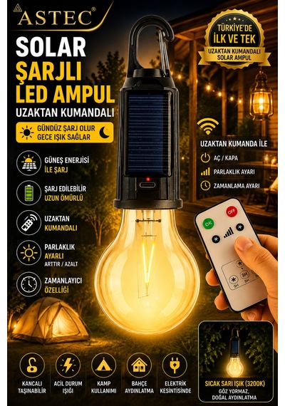 Astec Taşınabilir Solar Şarjlı Led Ampul Uzaktan Kumandalı Type-c Outdoor Kamp Bahçe Lambası Askılı Karabinalı Sarı