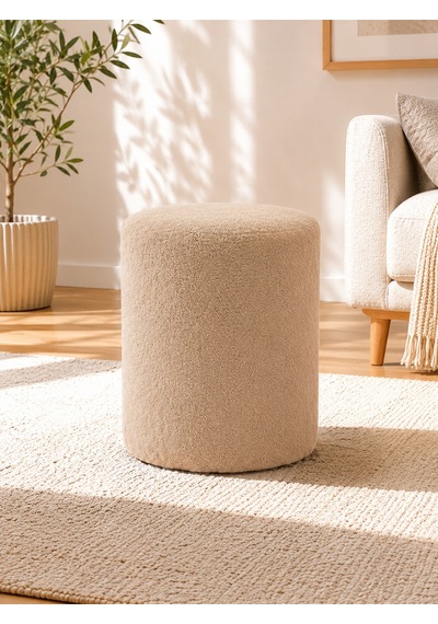 Cappucino Welsoft Kumaş Puf 40x45 Cm Yuvarlak Puf Dekoratif Oturma Pufu Yumuşak Dokulu Modern Puf Cappuccino
