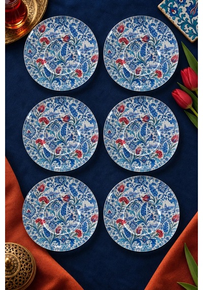 6 Lı Cam Çay Tabağı Osmanlı Çini Desenli 12 Cm 6 Adet Çay Tabak Mavi