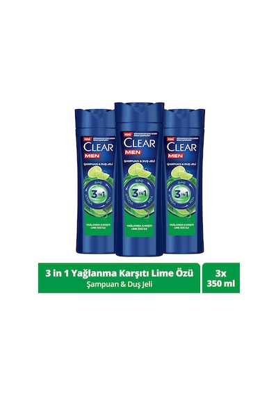 Clear Men Lime Özü Yağlanma Karşıtı 3 in 1 Şampuan ve Duş Jeli 3 x 350 ML
