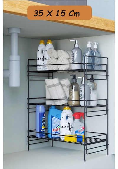 3 Katlı Evye Tezgah Altı Raf Banyo Mutfak Dolabı Çok Amaçlı Düzenleyici Deterjanlık Organizer 35x15 Siyah