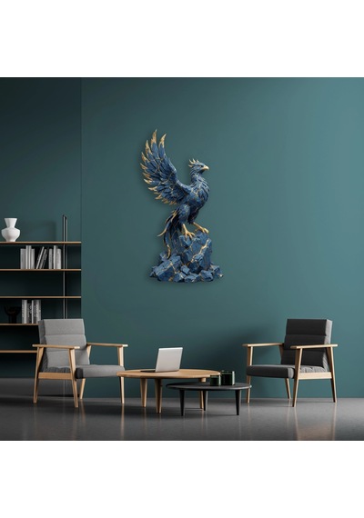 Anka Kuşu Heykeli Mavi-altın - Metal Tablo - Dec0128 51 X 95 Cm Çok Renkli